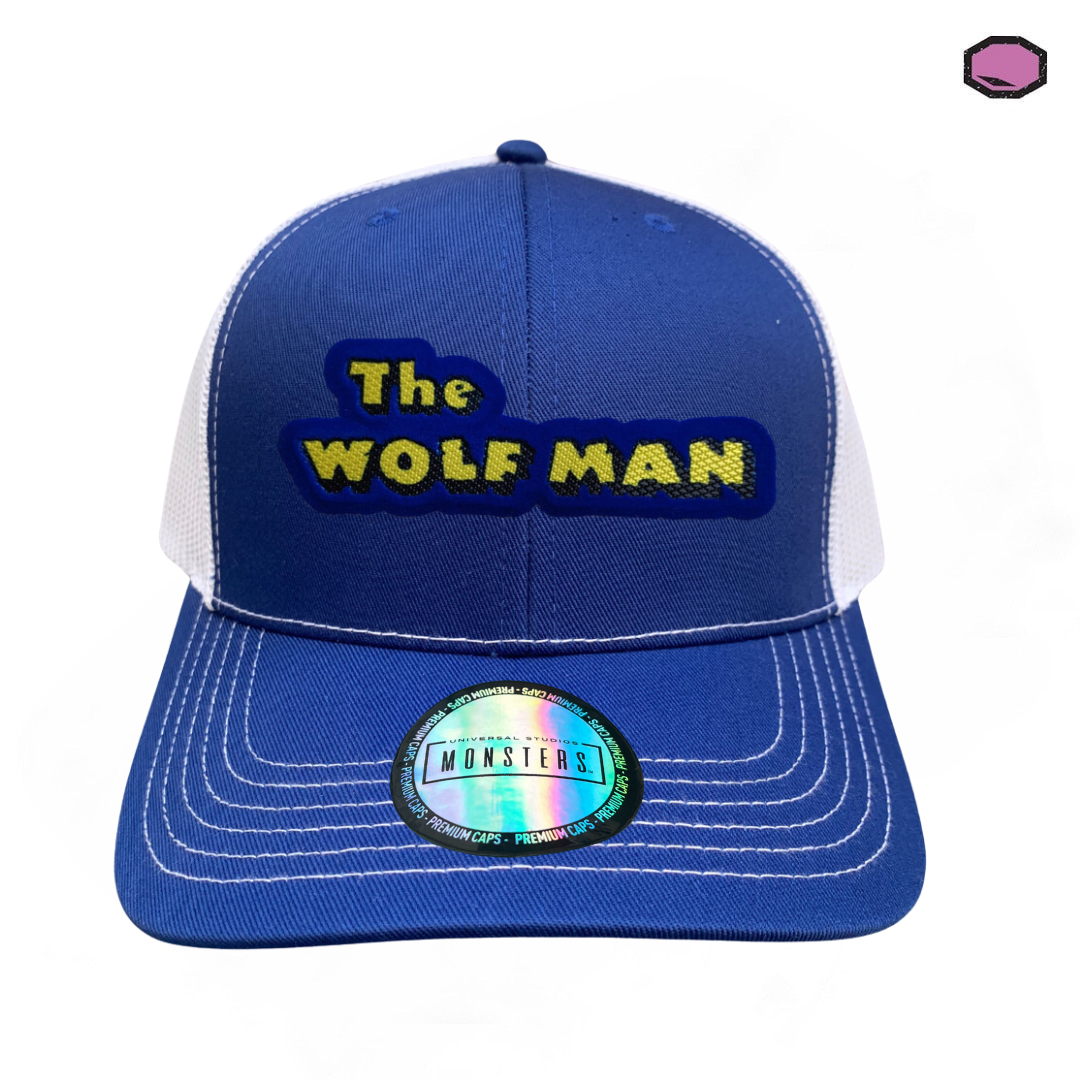 Gorra Universal Monsters The Wolf Man Logo Clásico Azul/Blanca Tipo Trucker Premium