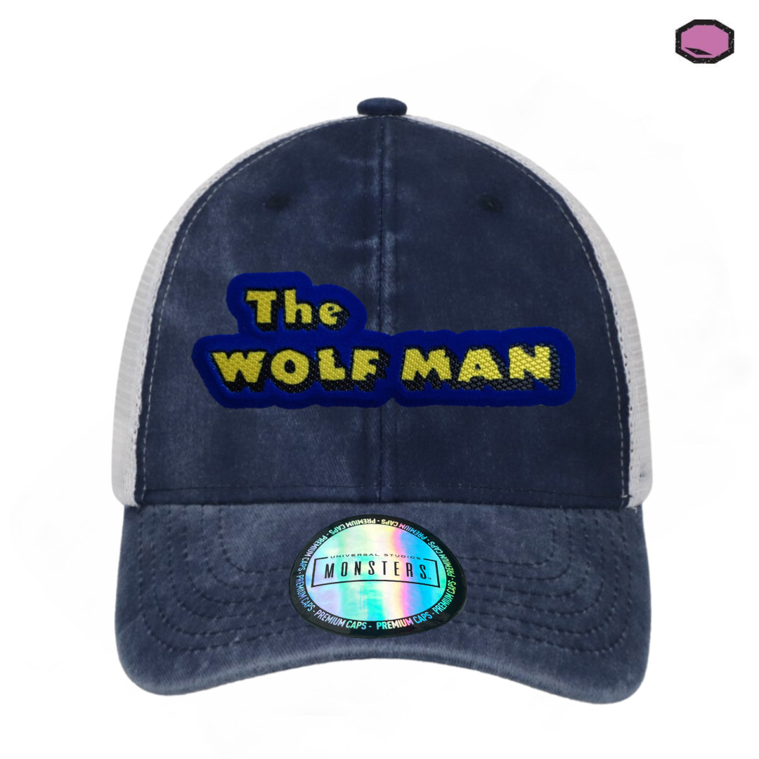 Gorra Universal Monsters The Wolf Man Logo Clásico Azul/Blanca Tipo Trucker Deslavada