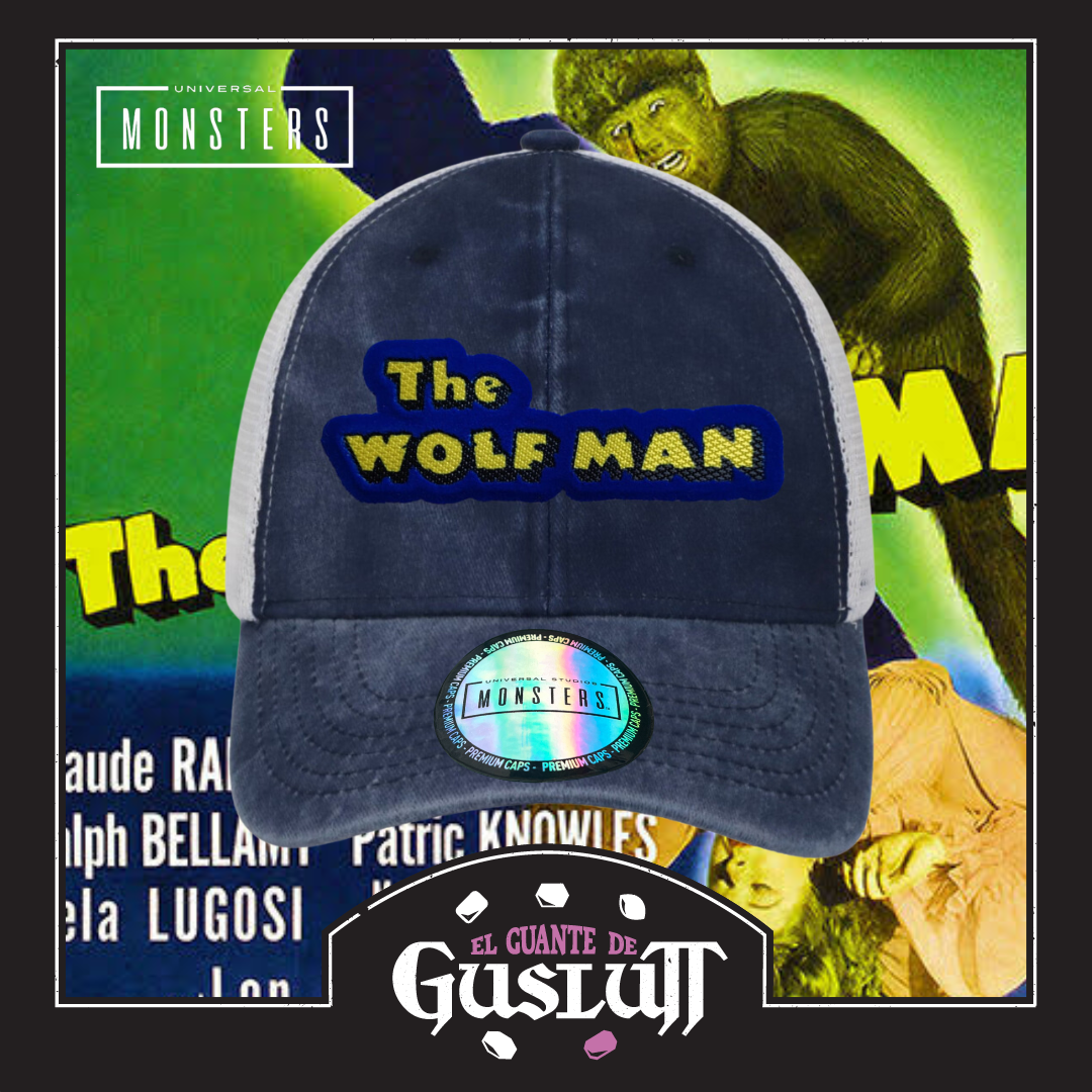 Gorra Universal Monsters The Wolf Man Logo Clásico Azul/Blanca Tipo Trucker Deslavada