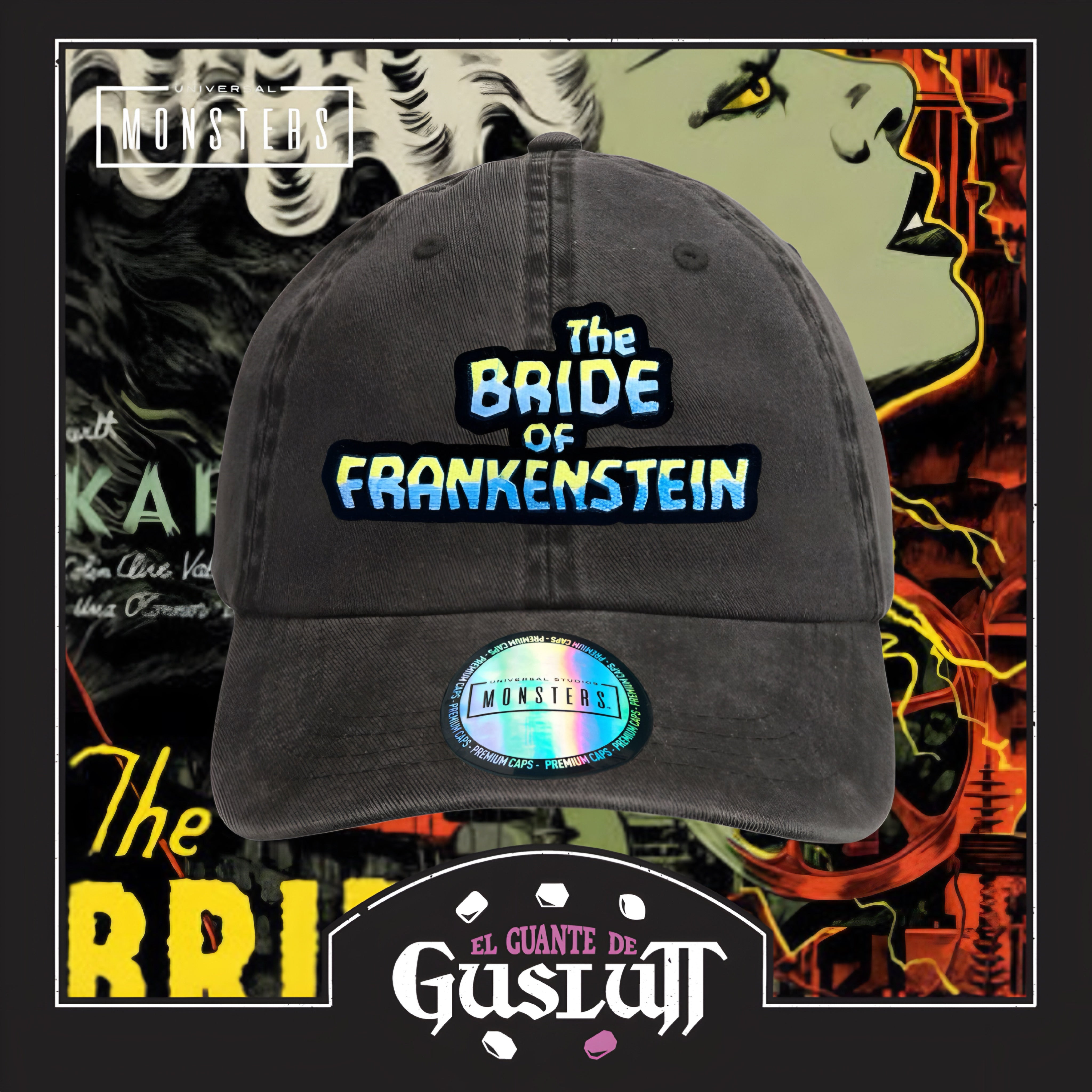 Gorra Universal Monsters The Bride of Frankenstein Logo Clásico Gris Tipo Deslavada