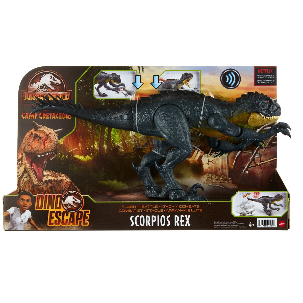 Figura Jurassic World Campamento Cretácico Scorpios Rex con Acción de Batalla y Sonido