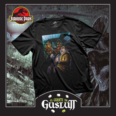 Playera Jurassic Park Dennis Nedry & Dilophosaurus Negra