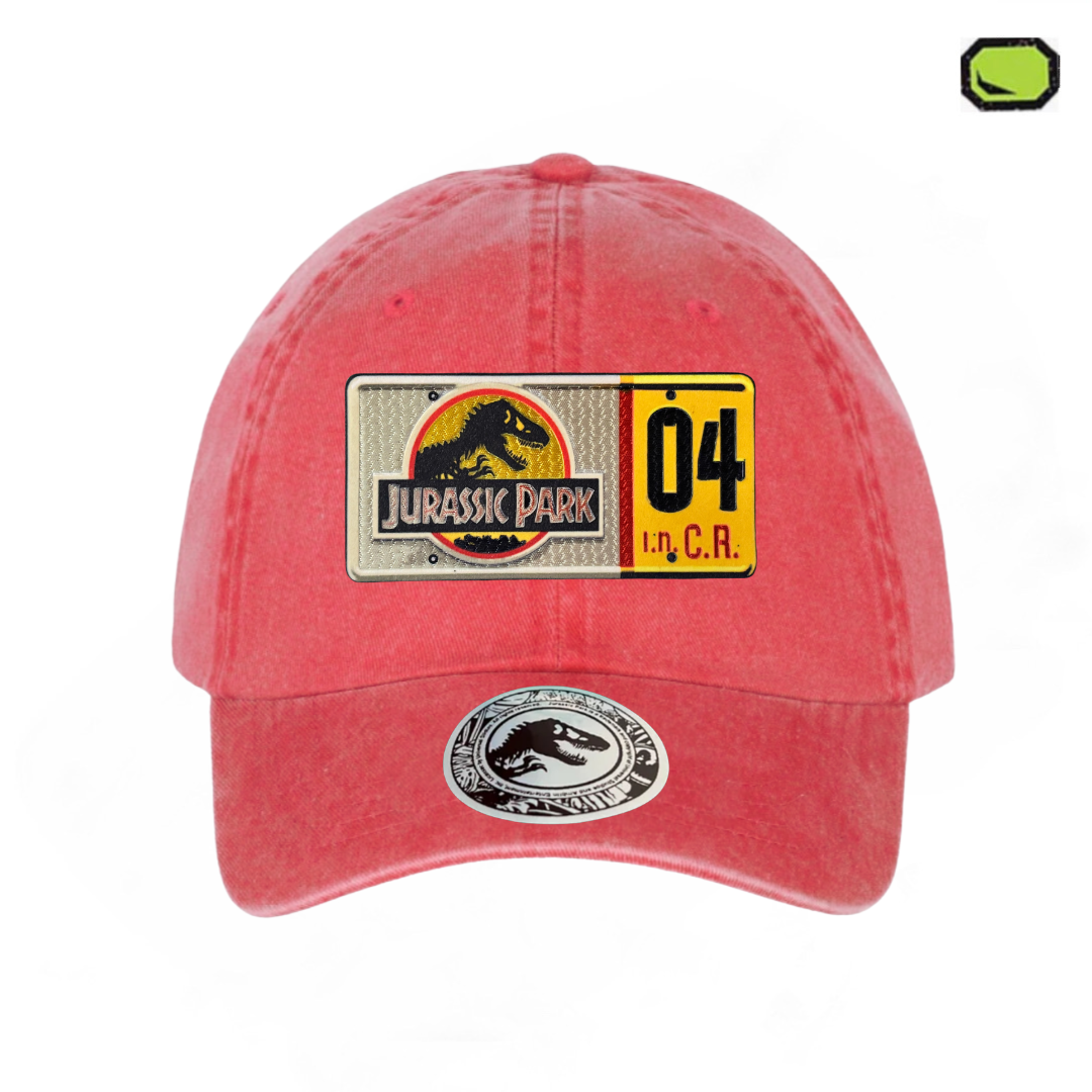 Gorra Jurassic Park License Plate Roja Tipo Deslavada