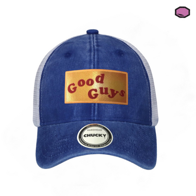 Gorra Chucky Good Guys Logo Azul Royal/Blanca Tipo Trucker Deslavada