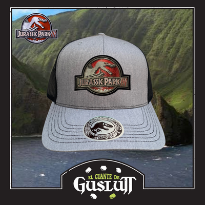 Gorra Jurassic Park III Logo Clásico Gris/Negro Tipo Trucker Premium