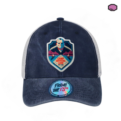 Gorra Friday the 13th Camp Crystal Lake Est. 1935 Azul/Blanca Tipo Trucker Deslavada