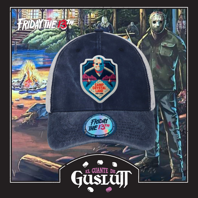 Gorra Friday the 13th Camp Crystal Lake Est. 1935 Azul/Blanca Tipo Trucker Deslavada