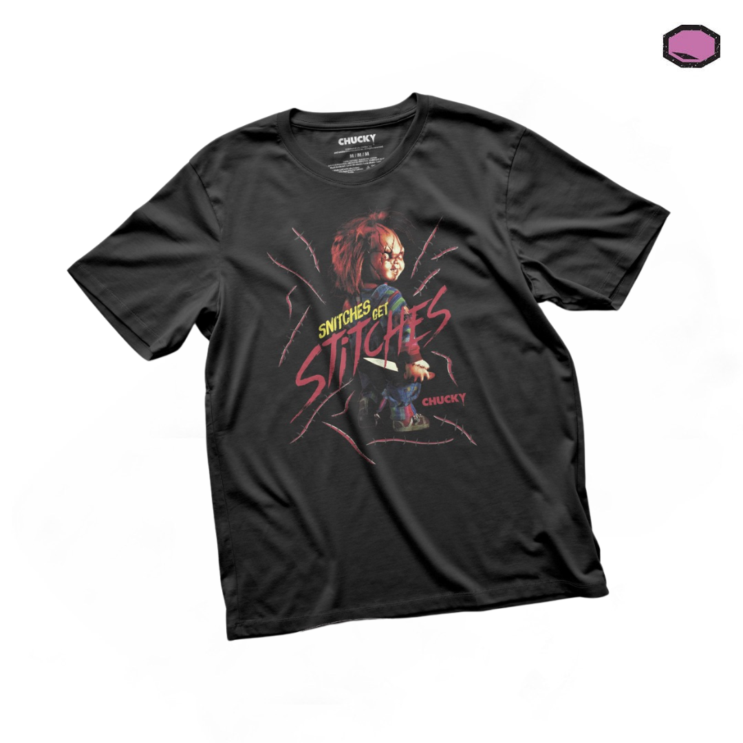 Playera Chucky “Snitches get Stitches” Negra