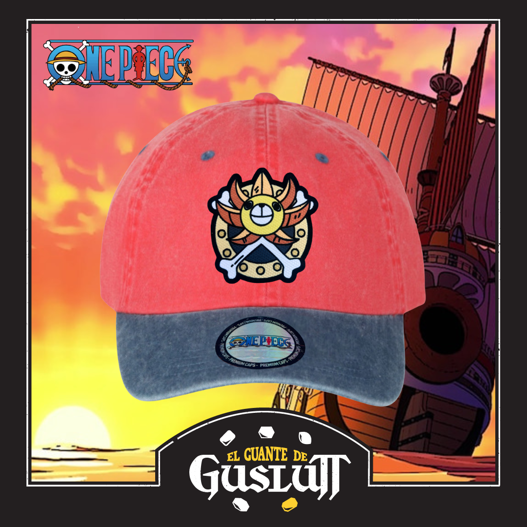 Gorra One Piece Thousand Sunny Coral/Azul Tipo Deslavada