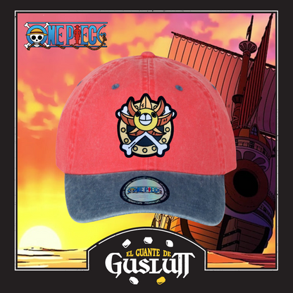 Gorra One Piece Thousand Sunny Coral/Azul Tipo Deslavada