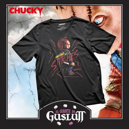 Playera Chucky “Snitches get Stitches” Negra