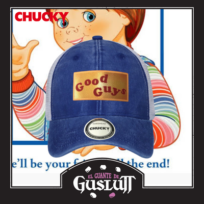 Gorra Chucky Good Guys Logo Azul Royal/Blanca Tipo Trucker Deslavada