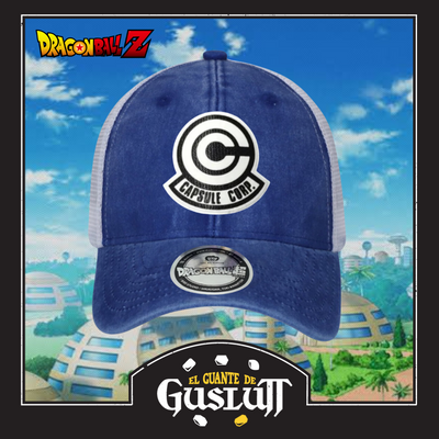 Gorra Dragon Ball Z Capsule Corp Logo Azul Royal/Blanca Tipo Trucker Deslavada