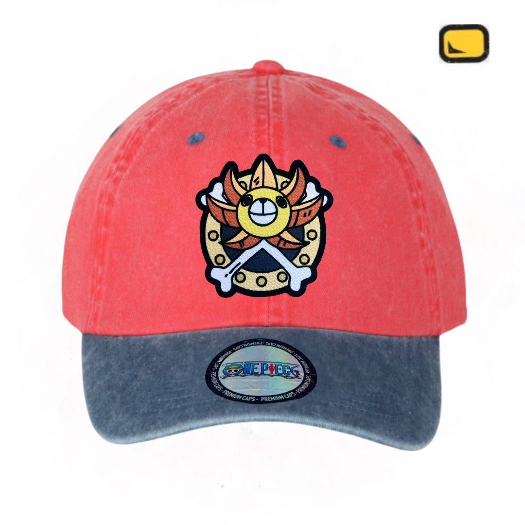 Gorra One Piece Thousand Sunny Coral/Azul Tipo Deslavada