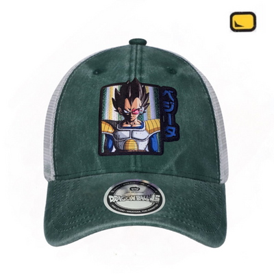 Gorra Dragon Ball Z Vegeta Verde/Blanca Tipo Trucker Deslavada