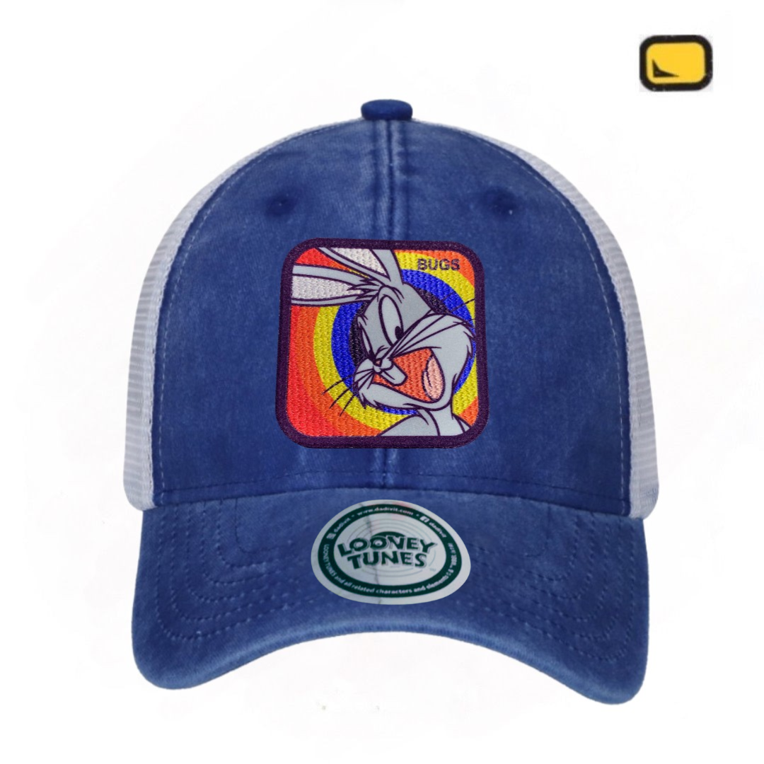 Gorra Looney Tunes Bugs Bunny Patch Azul Royal/Blanca Tipo Trucker Deslavada
