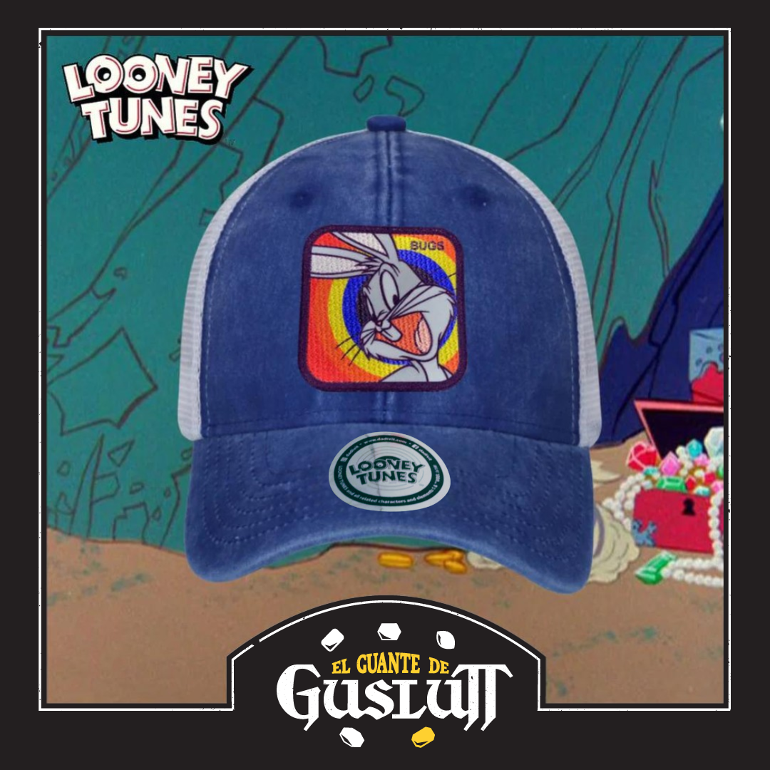 Gorra Looney Tunes Bugs Bunny Patch Azul Royal/Blanca Tipo Trucker Deslavada
