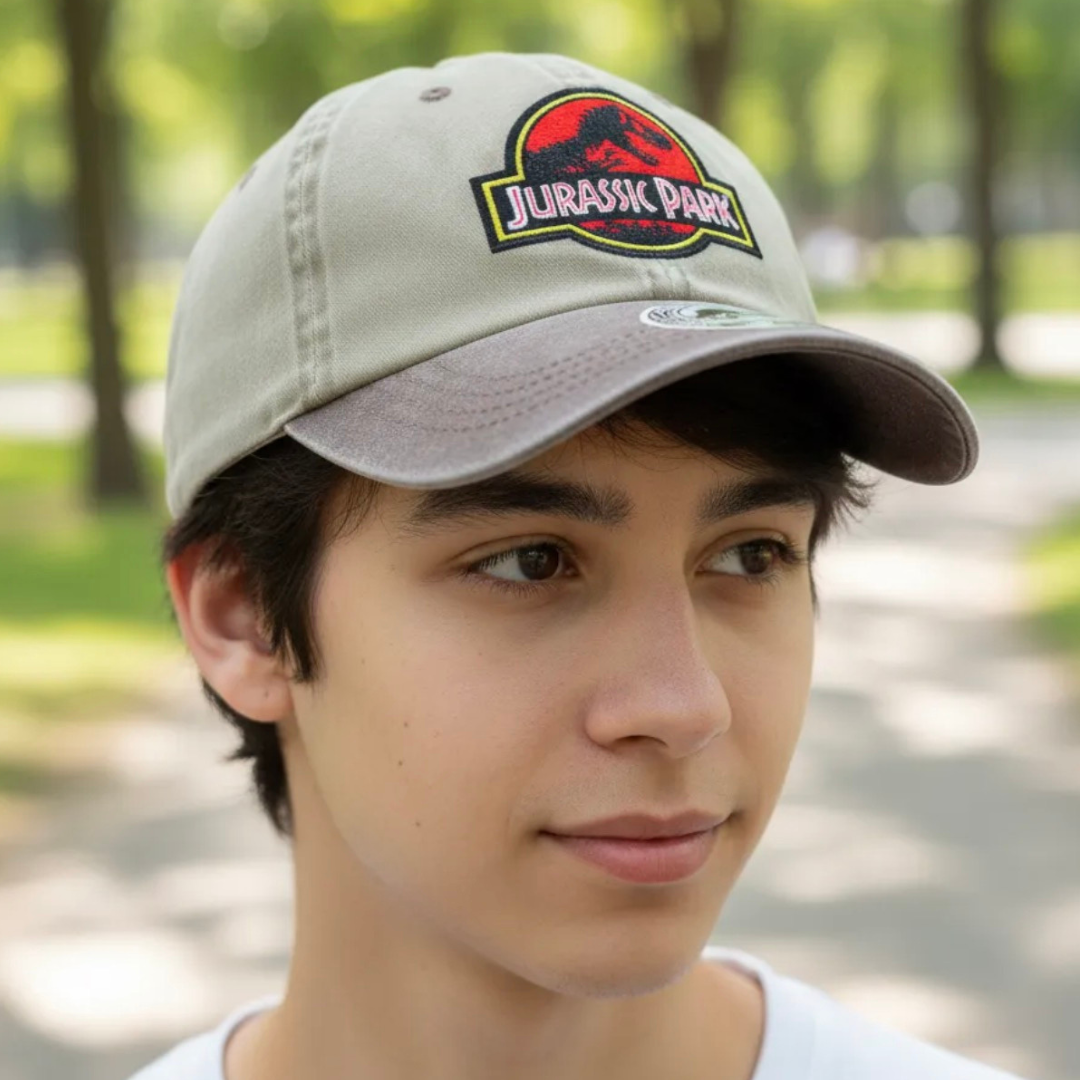 Gorra Jurassic Park Logo Clásico Rojo Beige/Café Tipo Deslavada