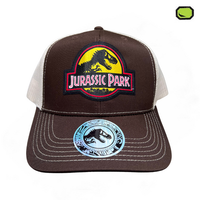 Gorra Jurassic Park Logo Clásico Amarillo Café/Blanca Tipo Trucker Premium