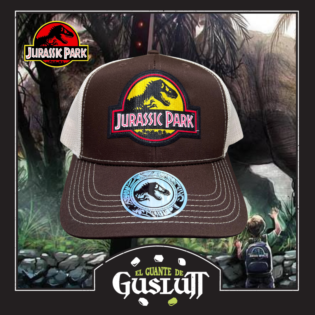 Gorra Jurassic Park Logo Clásico Amarillo Café/Blanca Tipo Trucker Premium
