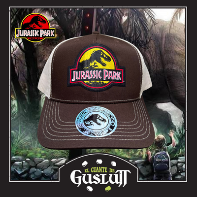 Gorra Jurassic Park Logo Clásico Amarillo Café/Blanca Tipo Trucker Premium