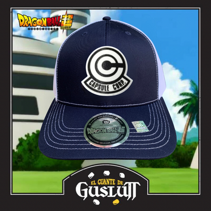 Gorra Dragon Ball Super Capsule Corp Logo Azul/Blanca Tipo Trucker Premium