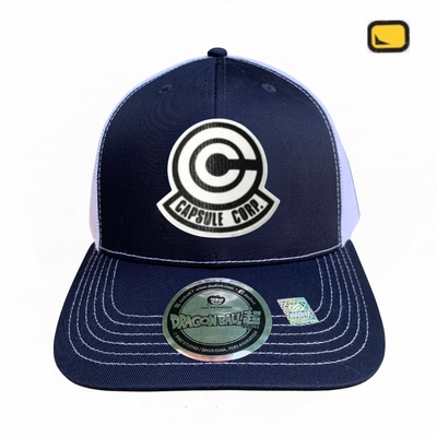 Gorra Dragon Ball Super Capsule Corp Logo Azul/Blanca Tipo Trucker Premium