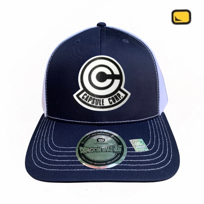Gorra Dragon Ball Super Capsule Corp Logo Azul/Blanca Tipo Trucker Premium