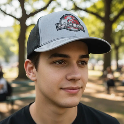 Gorra Jurassic Park III Logo Clásico Gris/Negro Tipo Trucker Premium