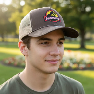 Gorra Jurassic Park Logo Clásico Amarillo Café/Blanca Tipo Trucker Premium