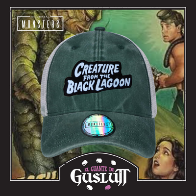 Gorra Universal Monsters Creature from the Black Lagoon Logo Clásico Verde/Blanca Tipo Trucker Deslavada