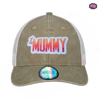 Gorra Universal Monsters The Mummy Logo Clásico Beige/Blanca Tipo Trucker Deslavada