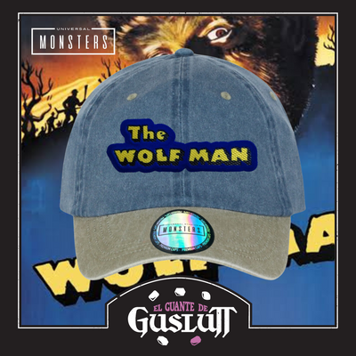 Gorra Universal Monsters The Wolf Man Logo Clásico Azul/Beige Tipo Deslavada