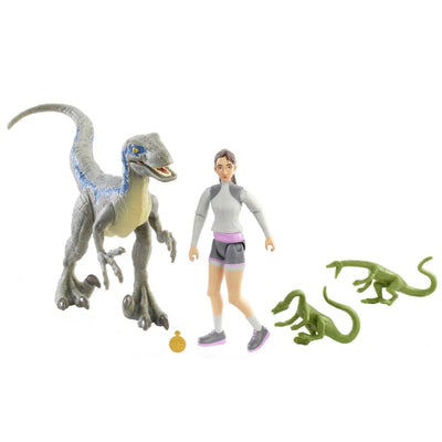 Set de Figuras Jurassic World Campamento Cretácico Yaz & Velociraptor Blue